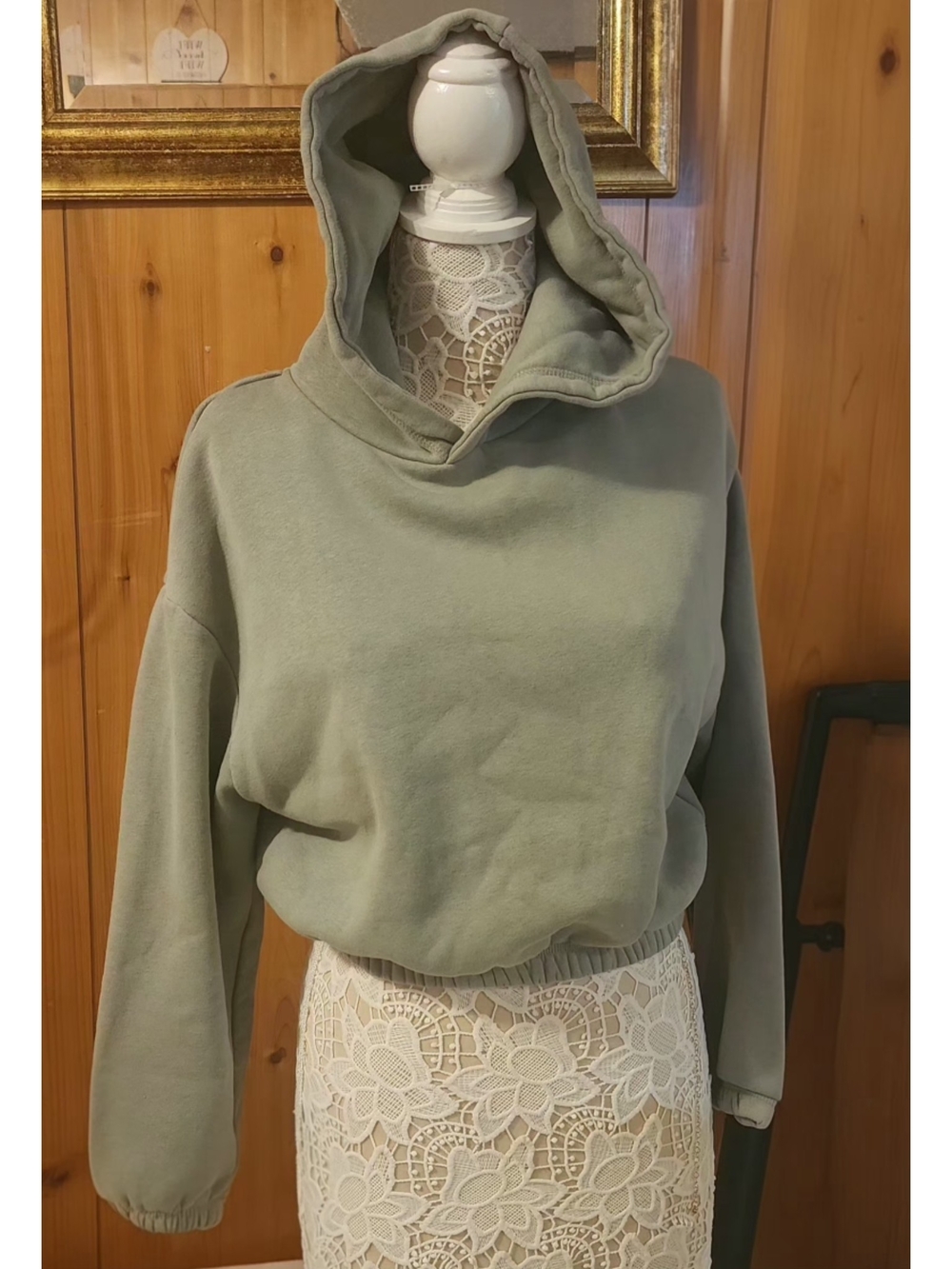 Zara Sage Green Cropped Elastic Waist Bubble Hem Hoodie Sweater